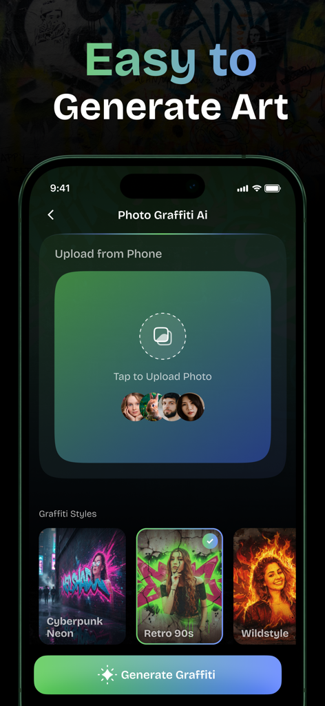 Graffiti AI: Graffiti Text Art - Interfaz de la aplicación Graffiti AI mostrando la carga de fotos y la selección de estilos de arte urbano.