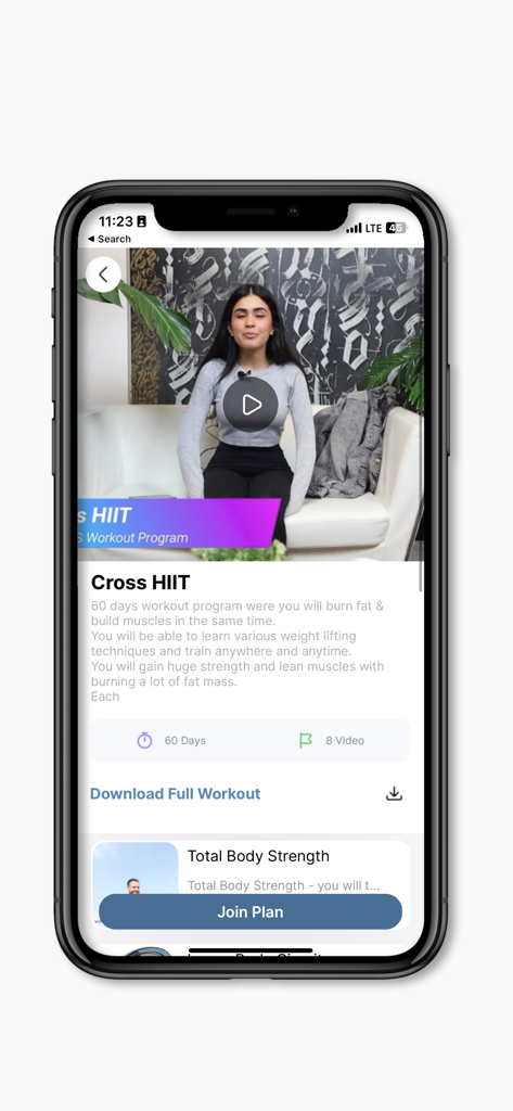 HIIT FIT: Transformation - Captura de pantalla de la aplicación HIIT FIT que muestra el programa de entrenamiento Cross HIIT de 60 días con una introducción en video