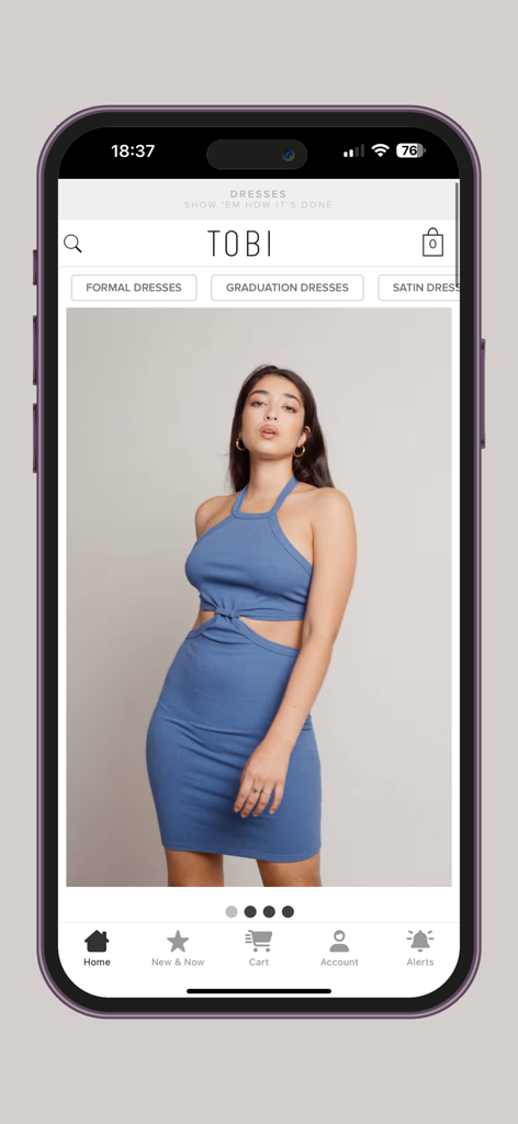 Tobi - Tobi app screen showing a woman in a blue halter cut-out dress.