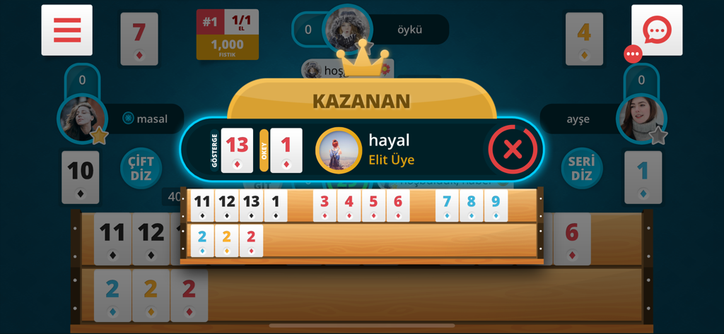 Okey and Banko game screen showing a winning hand and winner notification.