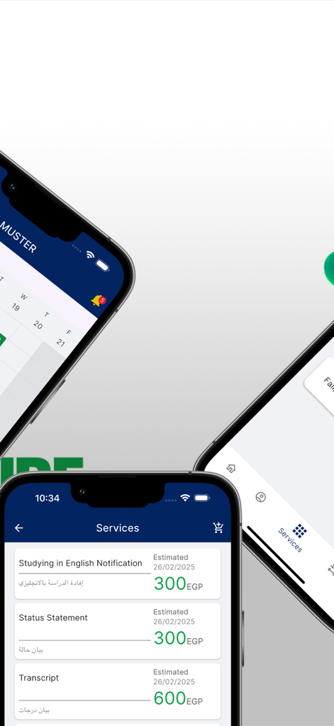 MUSTER | MUST University - MUSTER app interface showing student services and academic document fees