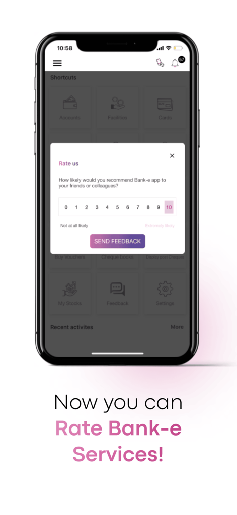Bank of Palestine - Pantalla móvil de la aplicación Bank of Palestine que muestra una ventana emergente para calificar y enviar comentarios
