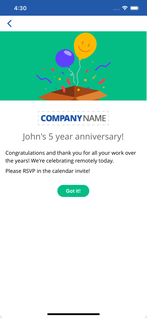 Internal company message in the SnapComms app celebrating an employee five year work anniversary with festive graphics.