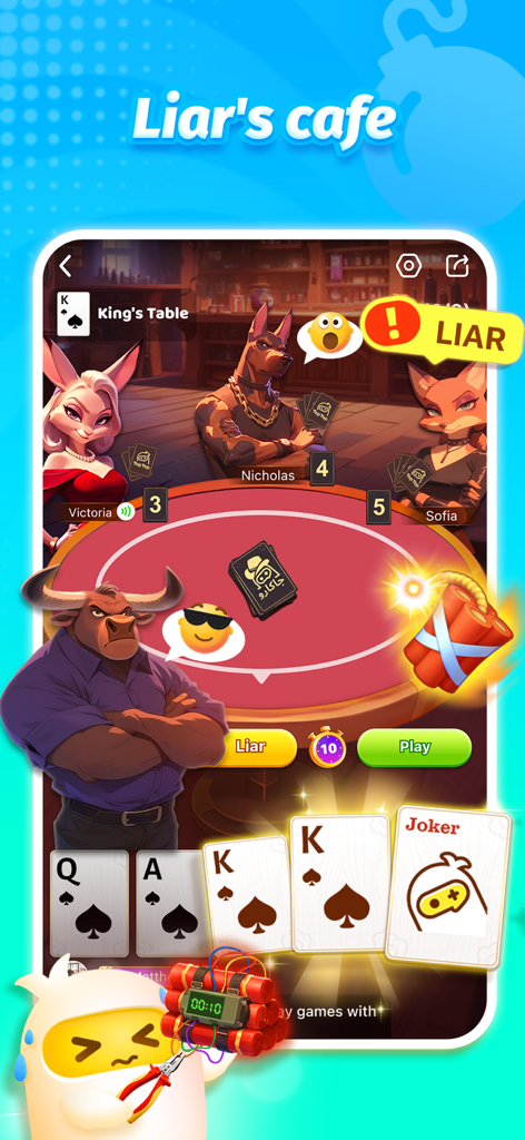 Screenshot dell'app TopTop che mostra il gioco di carte di deduzione sociale Liar's Cafe con avatar di animali