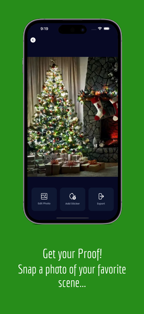 Interface of the Catch Santa In My House app showing a Christmas living room photo with editing tools.