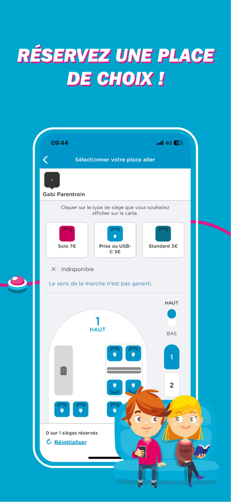 Interfaccia dell'app mobile OUIGO per la selezione dei posti del treno con opzioni per prese elettriche e posti singoli.