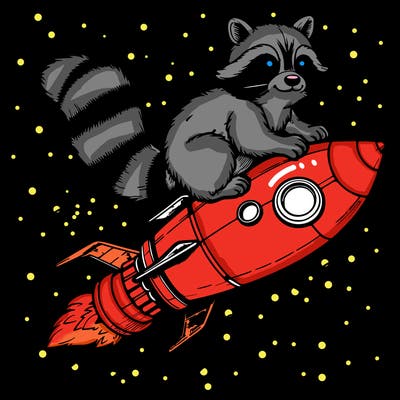 realistic raccoon flying on top rocket ship