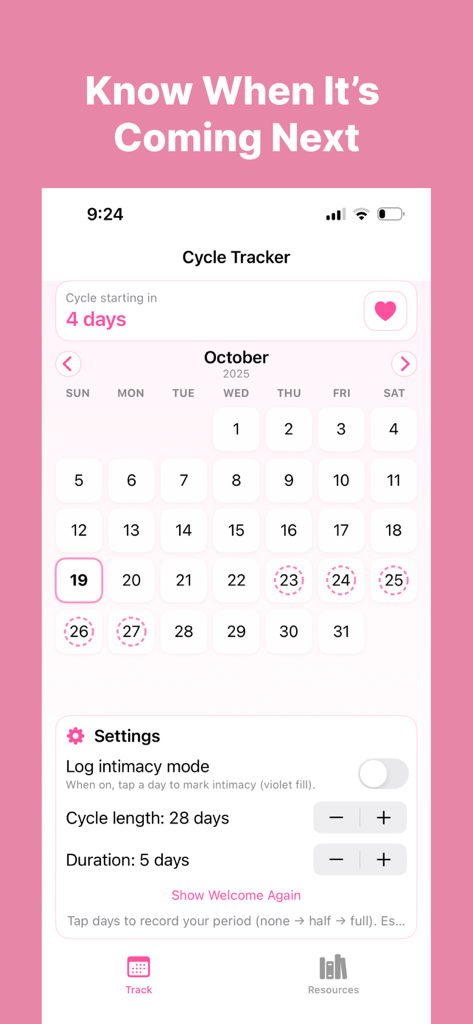 Period Calendar Cycle Tracker - Una interfaz de calendario limpia de la aplicación Calendario Menstrual Rastreador de Ciclo que muestra predicciones del ciclo menstrual y configuraciones