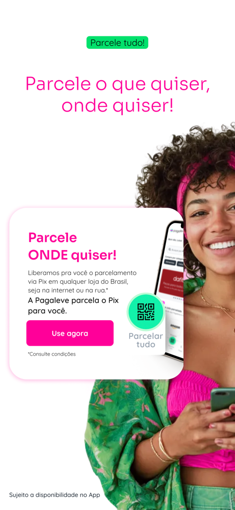 A young woman using the Pagaleve mobile app to pay in 4 interest free installments via PIX