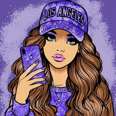 realistic beautiful girl wearing los ángeles cap holding an iphone