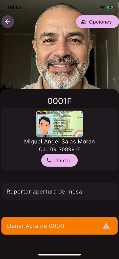 Écran d'identification du personnel électoral et de rapport dans l'application eXACTO 2025