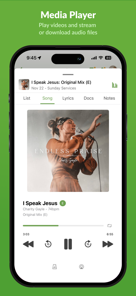 Media player interface in the Planning Center Services app for streaming worship music rehearsal tracks.