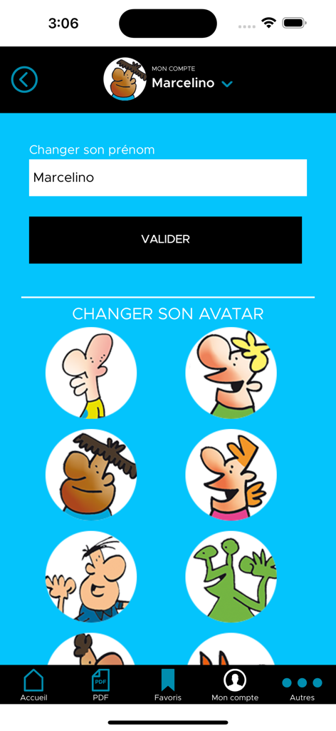 My Weekly News - Profile settings screen in My Weekly News app showing name change field and a selection of cartoon character avatars