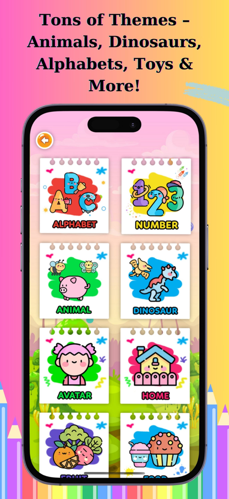 Draw & Color - Creative Art - A menu screen showing various coloring themes for kids including alphabet numbers and animals