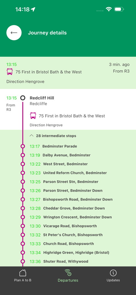 A mobile screen showing bus journey details with a list of stops and arrival times for Traveline South West.
