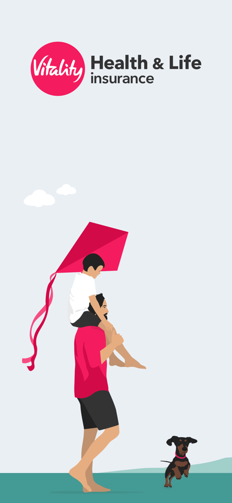 Minimalist illustration of a man carrying a child on his shoulders and walking with a dog for Vitality insurance