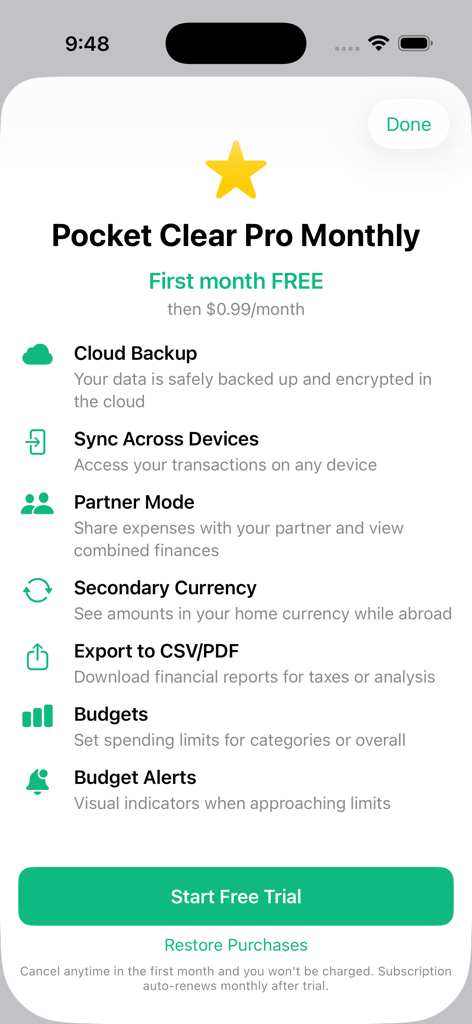 Pocket Clear - Pocket Clear Pro subscription screen listing premium features such as cloud backup, partner mode, and budget alerts.