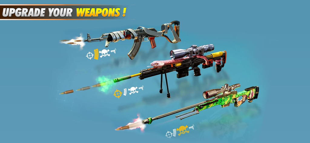 Sniper Ops: Gun Shooting Games - Display of customized and upgraded sniper and assault rifles in the weapon menu.