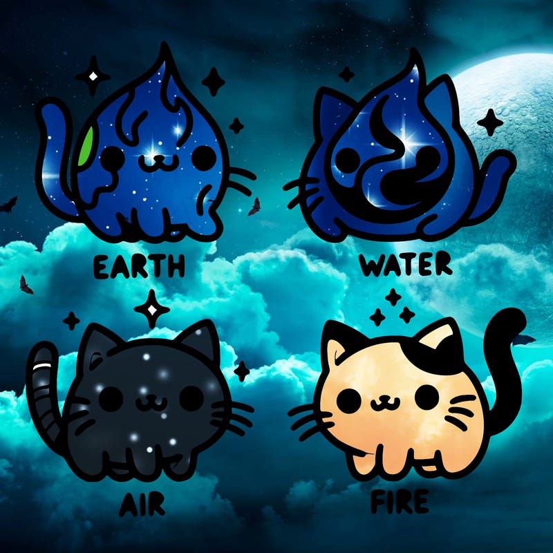 4 cats that represent the different elements, earth, water, air, and fire