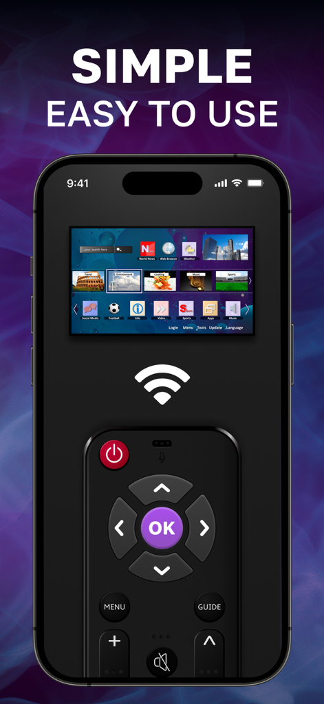 Wi-Fi接続を備えた、シンプルで使いやすいインターフェースを表示するiPhone上のUniversal TV Remote Controlアプリ