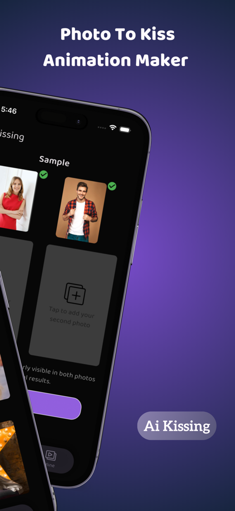Pantalla de smartphone mostrando la interfaz de la app Besos IA para crear animaciones de besos a partir de fotos