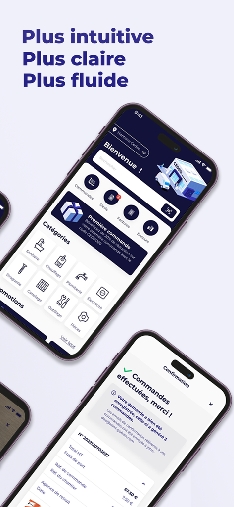 Interface de l'application mobile CEDEO montrant les catégories de produits professionnels de plomberie et de chauffage et un écran de confirmation de commande.