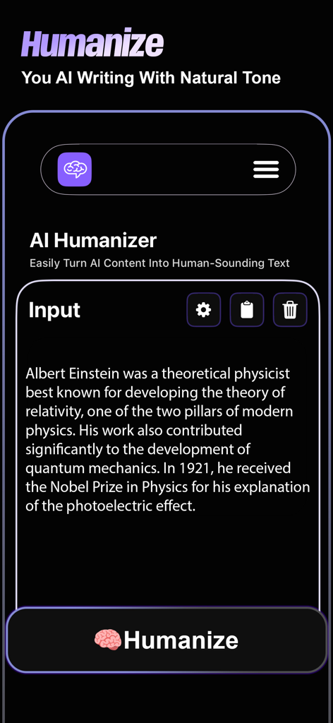 AI Humanizer: Humanize AI Text - La interfaz de la aplicación AI Humanizer mostrando un área de entrada para texto generado por IA y un botón de humanizar.
