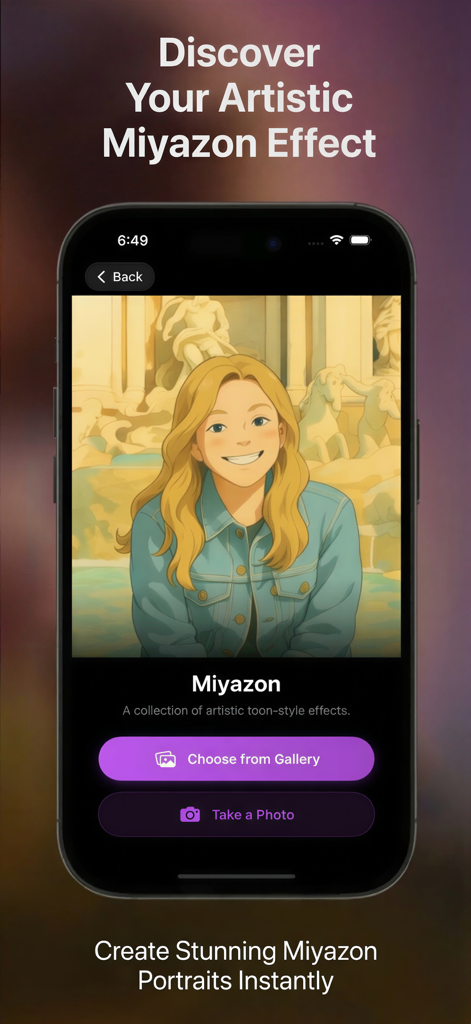 A woman portrait transformed into an artistic cartoon using the Miyazon effect in the Toon App interface