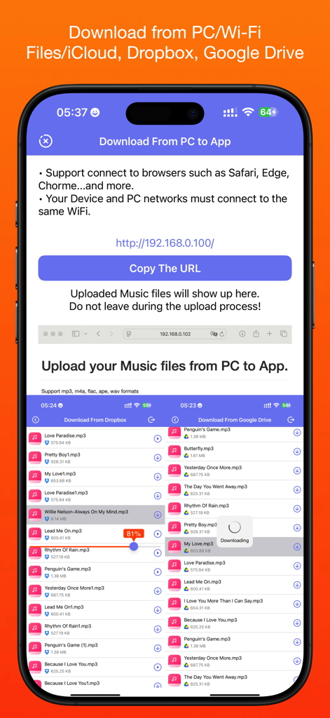 Music X app interface showing download options from PC Wi-Fi Dropbox and Google Drive
