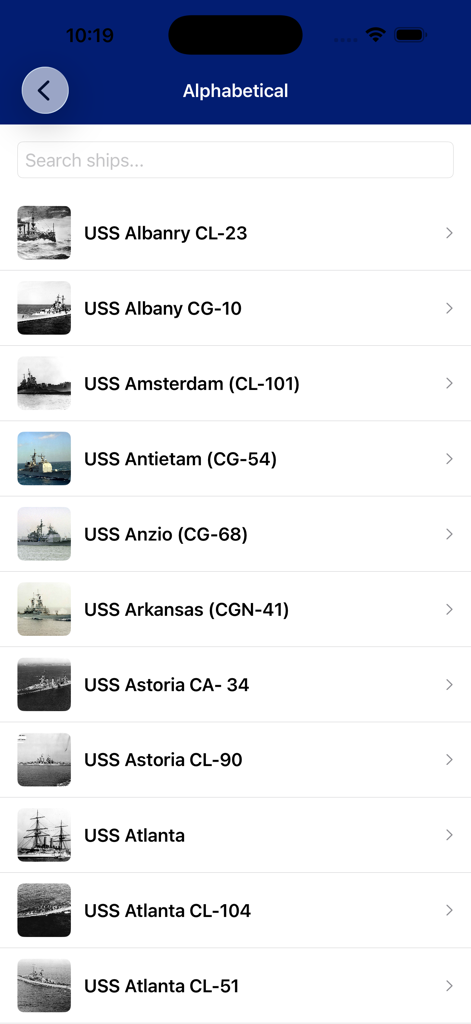 Cruisers of the US Navy - Alphabetical list of US Navy cruisers with ship names and thumbnails