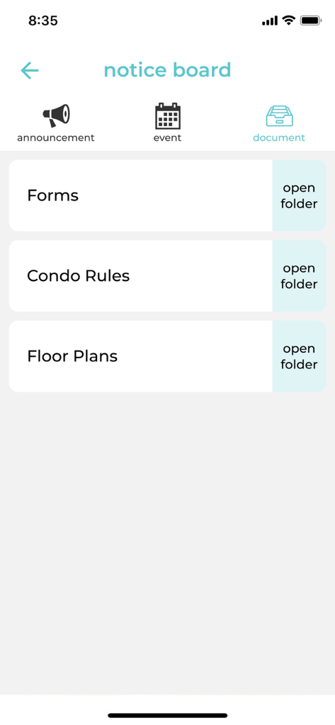 iCondo - フォーム、マンションの規則、間取り図などのデジタル文書フォルダを表示するiCondoアプリの掲示板画面
