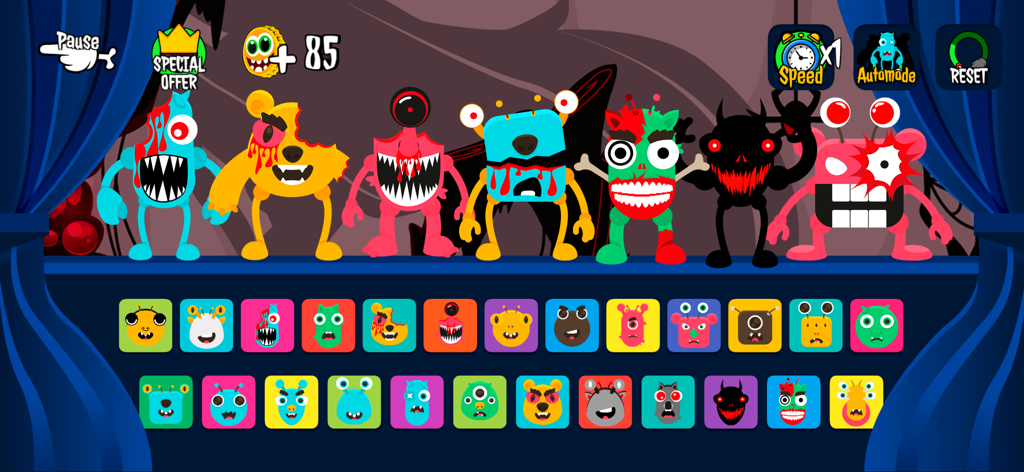 Corrupt Box Incredible Beats - Interface do jogo Corrupt Box Incredible Beats com personagens monstros num palco