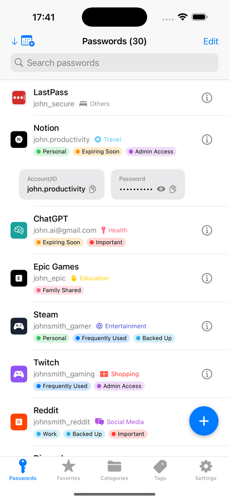 Uma lista de senhas salvas na interface do aplicativo Secure Vault com etiquetas coloridas para categorias como pessoal e importante