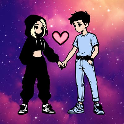 in the style of bratz a teen girl and a teen boy, holding hands together in the shape of a heart. the girl in baggy joggers and a cropped hoody, the boy in jeans and a tshirt both in trainers