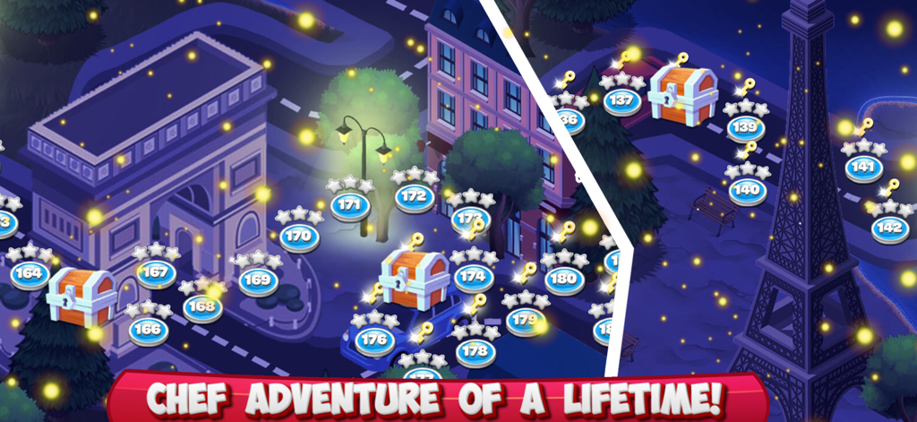 Level progression map of Paris featuring the Eiffel Tower and Arc de Triomphe in Cooking Mastery