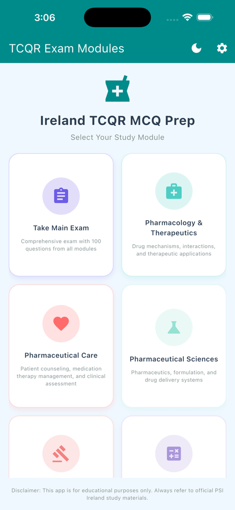 Ireland TCQR MCQ Prep - Main dashboard of the Ireland TCQR MCQ Prep app showing various study modules like Pharmacology and Pharmaceutical Care