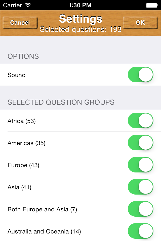Name This Country - 「国名当てクイズ」アプリの設定画面。アフリカ、アメリカ、ヨーロッパなどの地理クイズ地域を選択するオプションが表示される