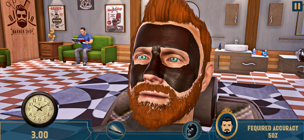A male character with a charcoal face mask in the Barber Shop Haircut Master Sim game