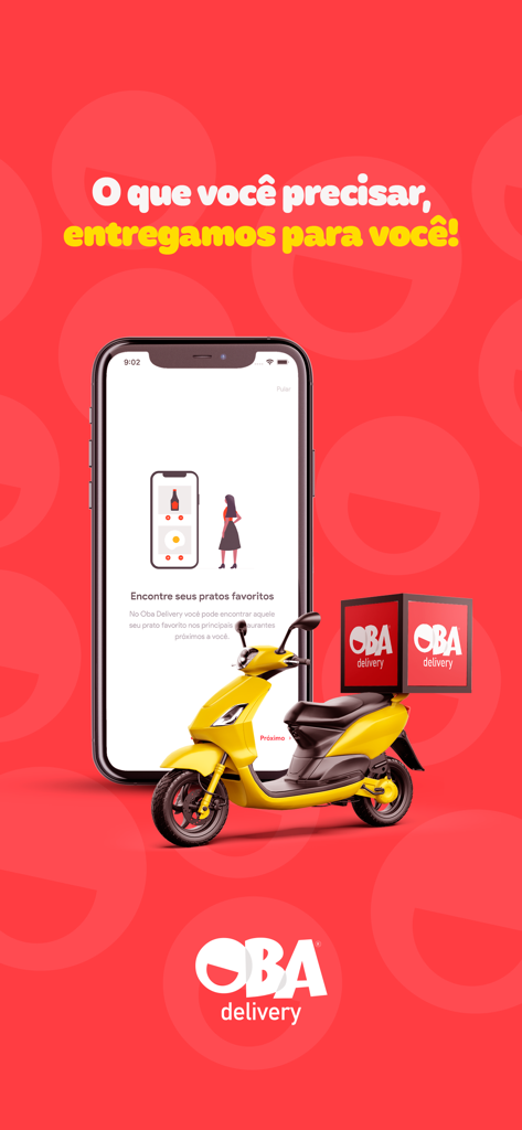 Oba Delivery - Oba Delivery app promo screen featuring a yellow delivery scooter and smartphone interface.