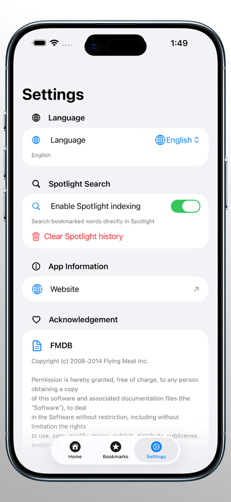 Dehkhoda App - دهخدا - Settings screen of the Dehkhoda Persian dictionary app showing language and search options