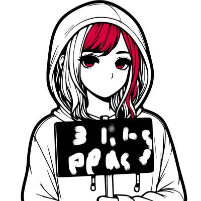 realistic girl with shoulder length hair wearing a hoodie holding a sign