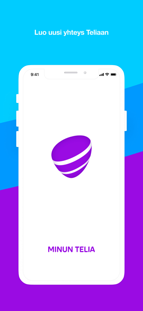 Splash screen of the Minun Telia mobile app featuring its purple logo and Finnish text