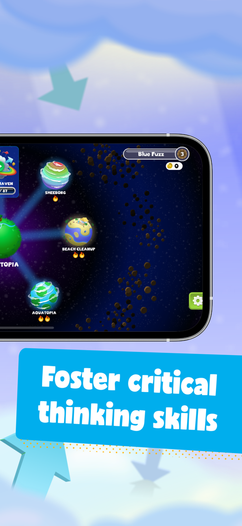Kodable Basics app interface showing space themed learning worlds and foster critical thinking text