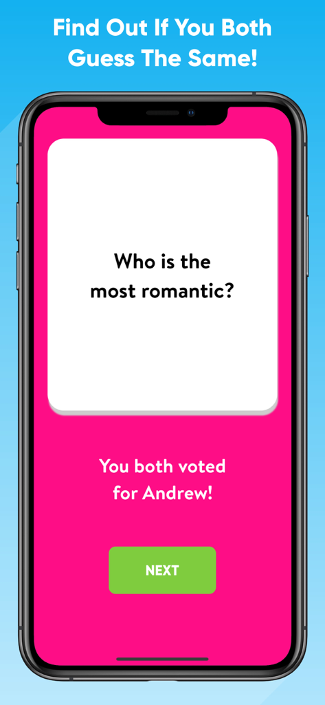 Couples Questions - Quiz Test - A mobile screen showing a couples quiz question about who is most romantic with a matching result.