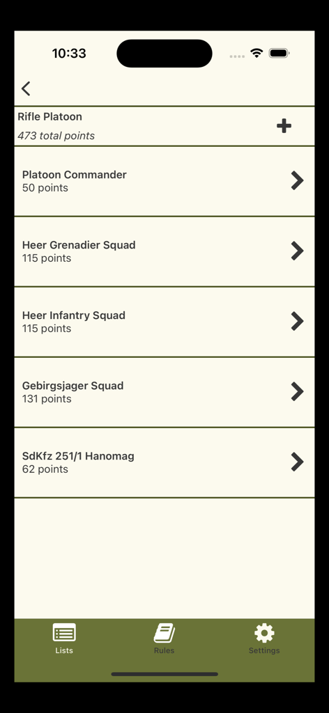 2nd In Command: Bolt Action - ライフル小隊のユニットポイント値が表示された編成構築画面