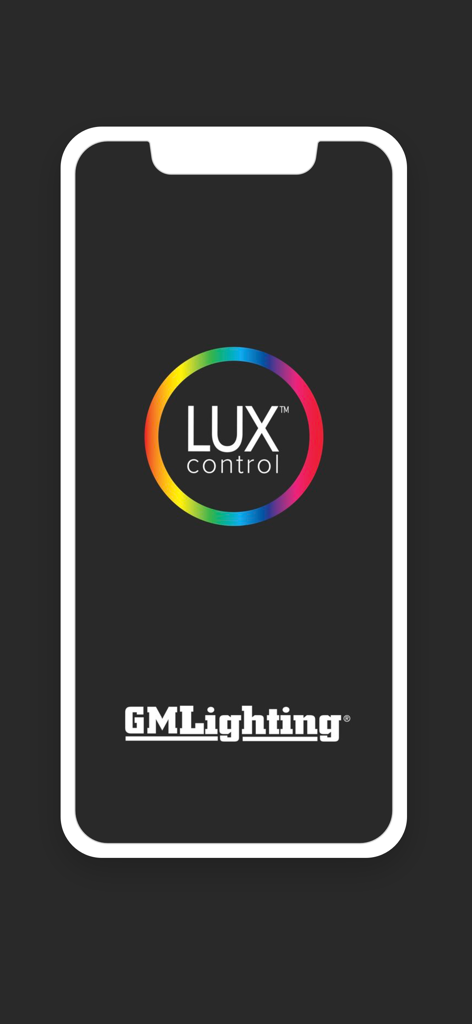 LUX Control - LUX Control app splash screen featuring the GM Lighting logo