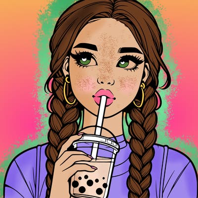 realistic girl with braided hair drinking boba