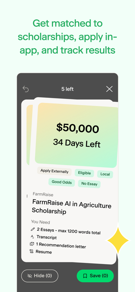 Going Merry Scholarships - Going Merry app screen showing a fifty thousand dollar scholarship match with details and requirements