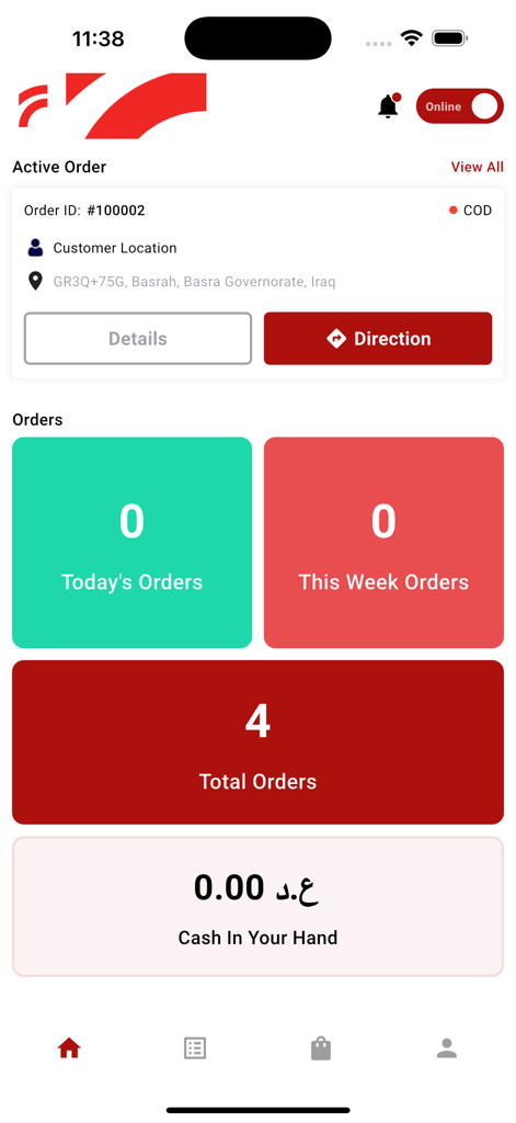 Fast Order Delivery - Fast Order Deliveryアプリのダッシュボード。アクティブな注文、顧客の場所、配達員向けの配達統計が表示されています。