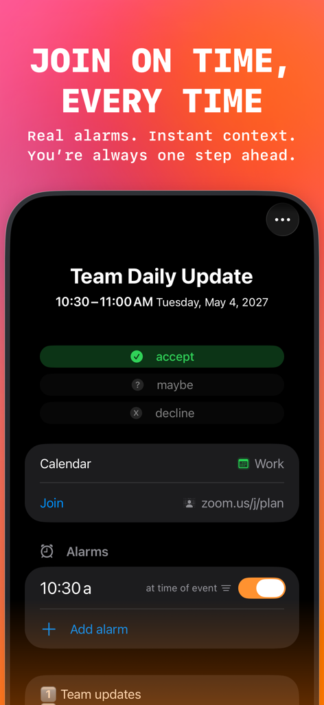 Oberfläche der Today Planned App, die eine Teambesprechung mit einem automatischen Alarm und Zoom-Link anzeigt.
